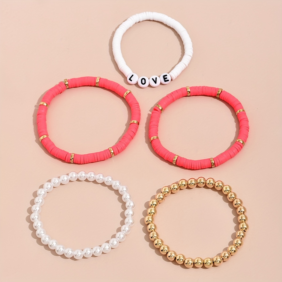 5Pcs Unisex Bracelets Colorful Bohemian Polymer Clay Love Letters Faux  Pearls Bracelets for Party 