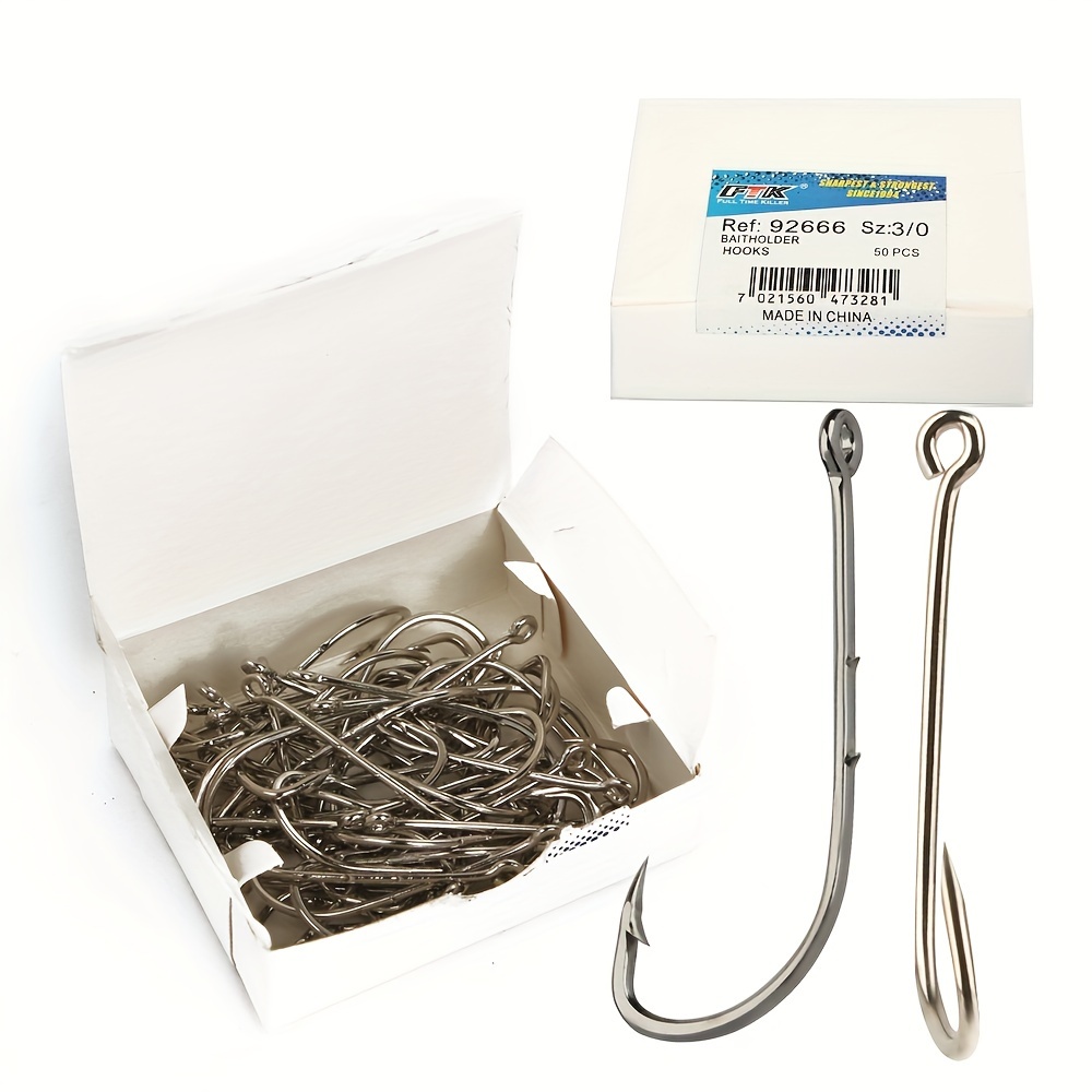  High Carbon Steel Offset Bait Holder Hooks，Long Shank Beak Hooks-Jig  Hooks with 2 Baitholder Barbs (1/0#-50pcs) : Everything Else