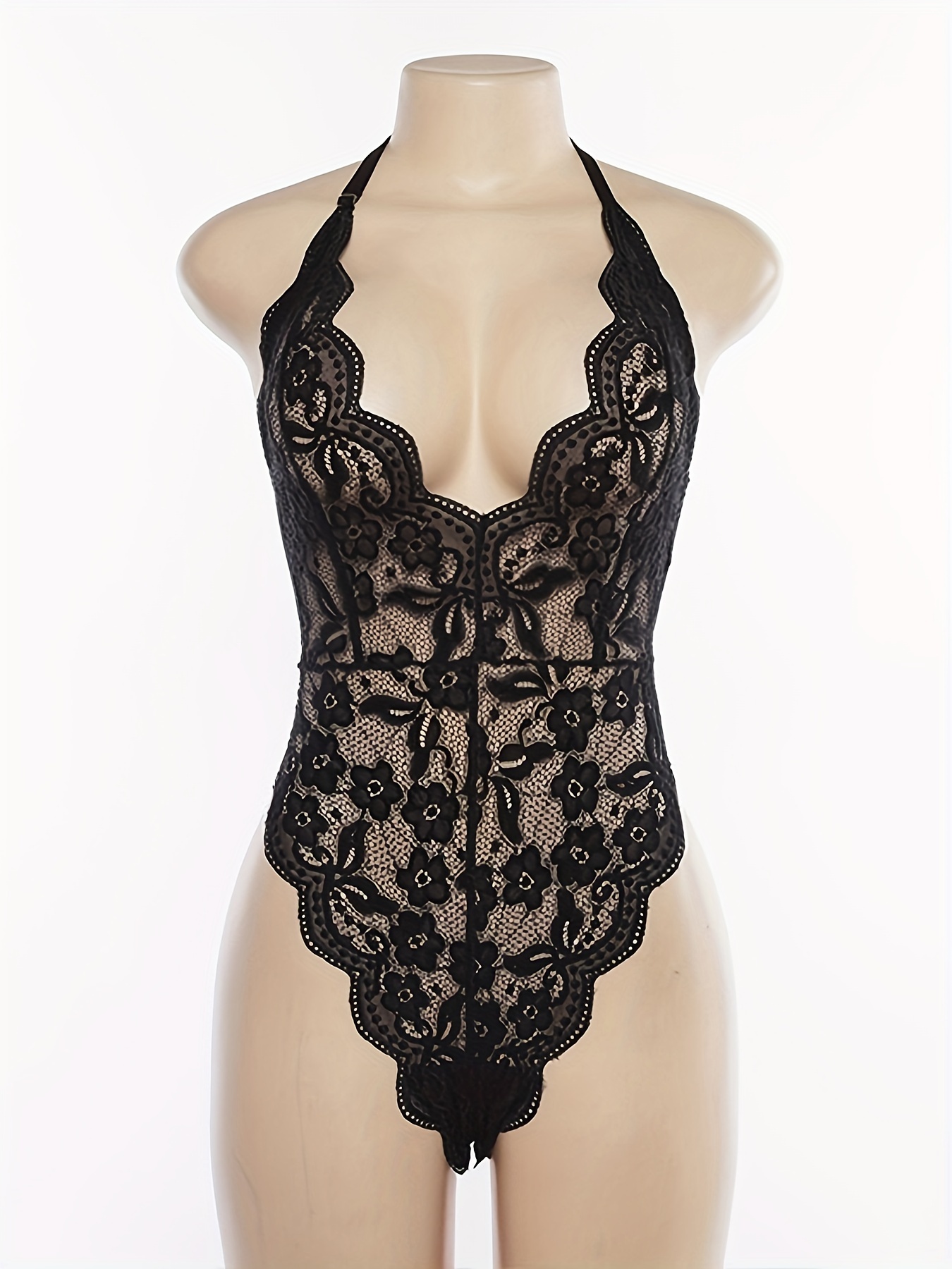 Romantic Lace Bodysuit With Hollow V Neck And Sheer Teddy Design