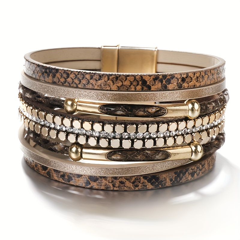 Snakeskin Pattern Leather Bracelet Multilayer Wrap Magnetic Clasp