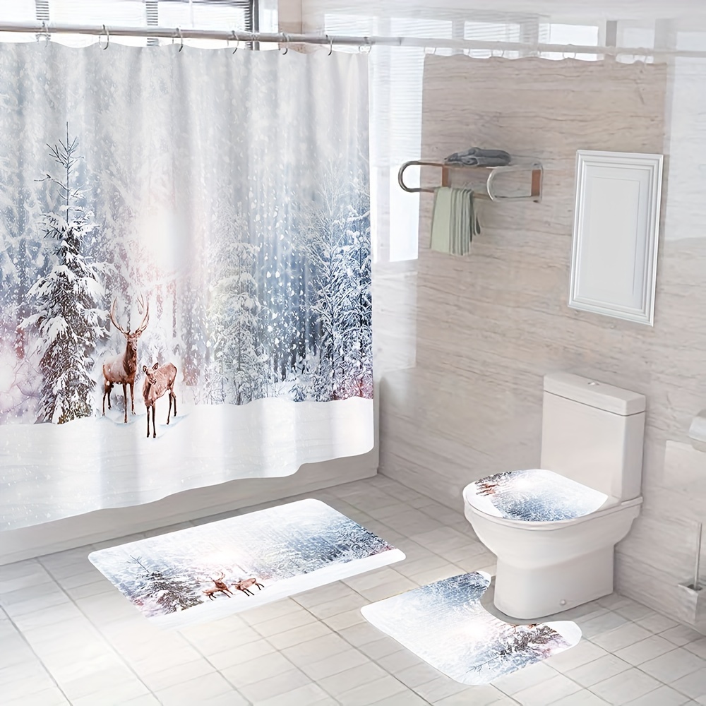 1/4pcs Purple Snowman Shower Curtain Set, Decorative Bathroom Set Including  Water-resistant Shower Curtain, Non-Slip Carpet, Toilet Cover, Bath Mat An
