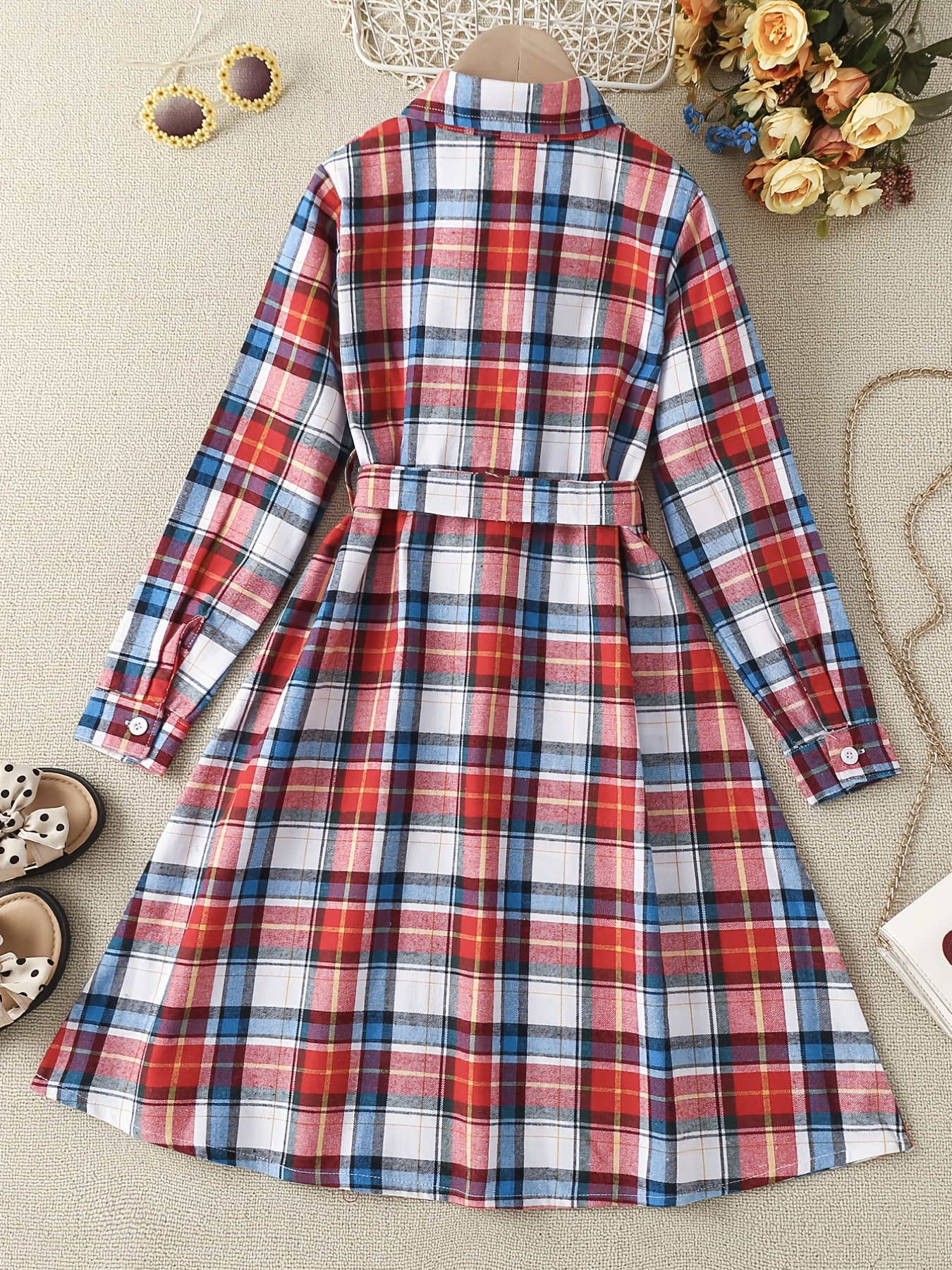 Classic Plaid Shirt Dress Girls Long Sleeve Button Youth - Temu