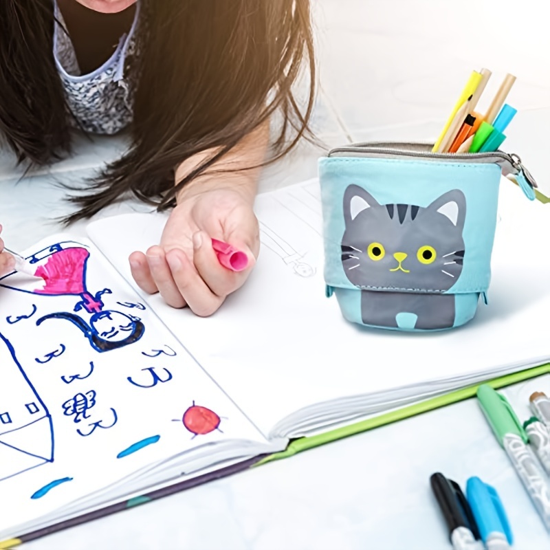 Rolin Roly Standing Pencil Case Telescopic Pencil Pouch Cute Cat Stationery  Bags Stand Up Pen Case Canvas PU Cartoon Pencil Holder with Zipper