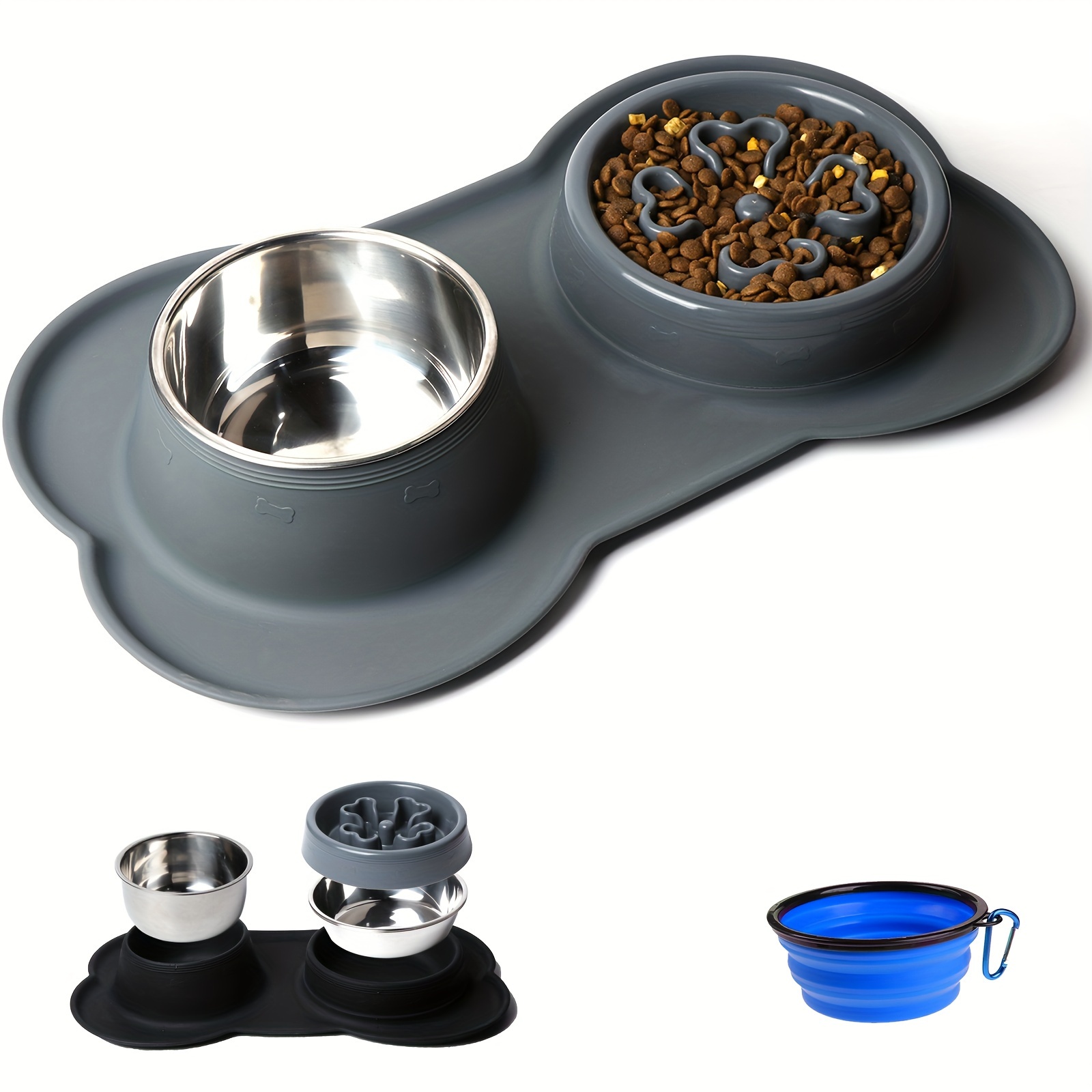 Slow Feeder Dog Bowls 27oz Stainless Steel 4-in-1 Food and Water Bowls with  No-Spill Silicone Mat Slow Down Eating Puzzle Bowl - AliExpress
