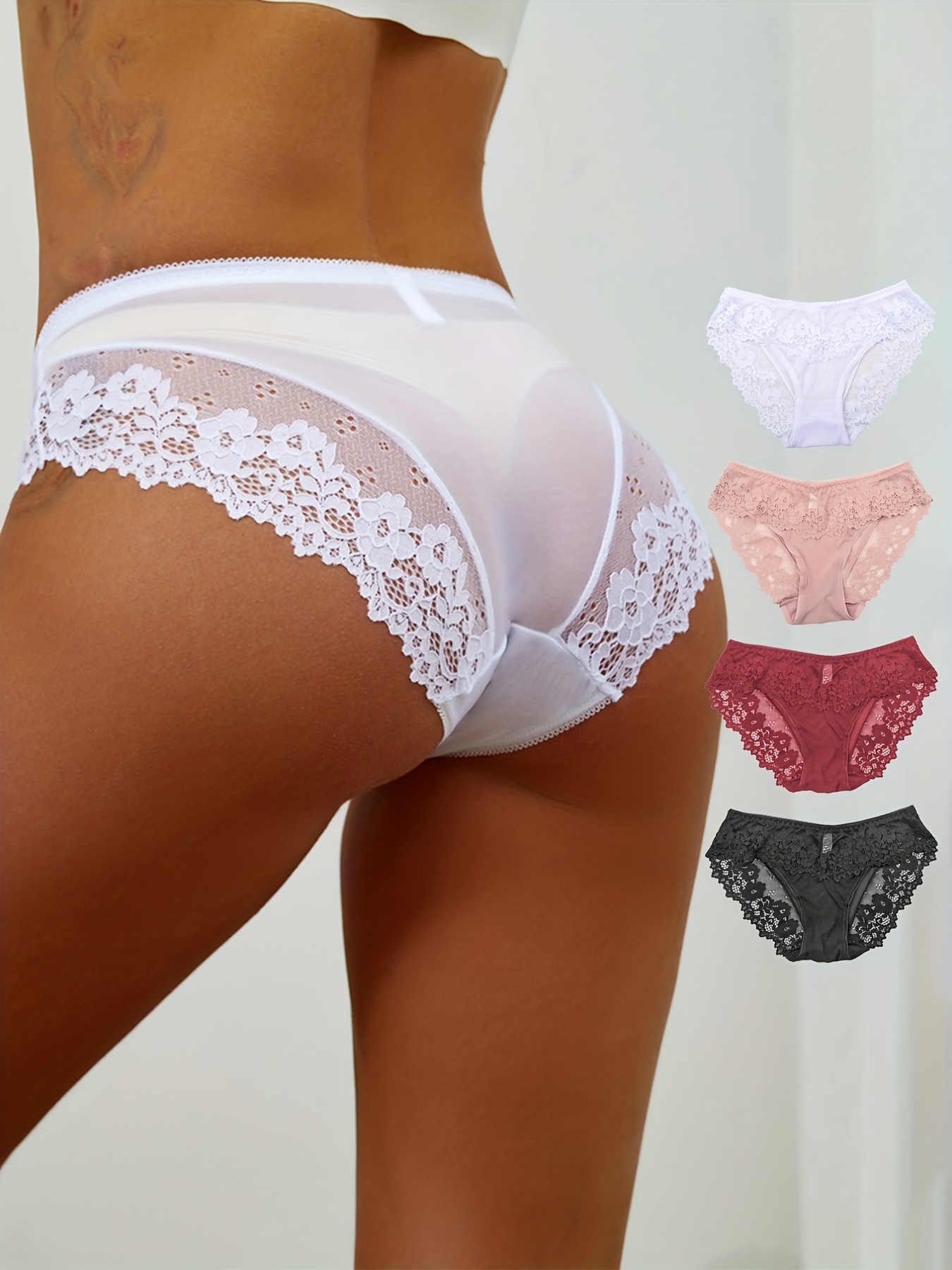 Contrast Lace Mesh Briefs Comfy Breathable Sheer Intimates - Temu