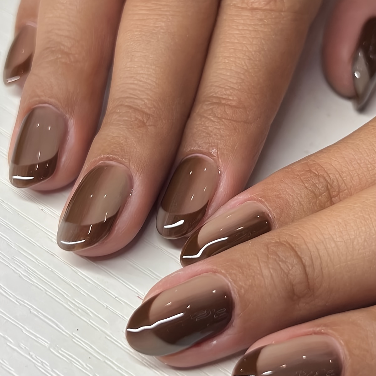 

24-piece Short Oval Press-on Nails Set - Brown Tones Colorblock Gradient French Tips With High-gloss For Women And Girls - Adhesive Tabs & Jelly Glue Included