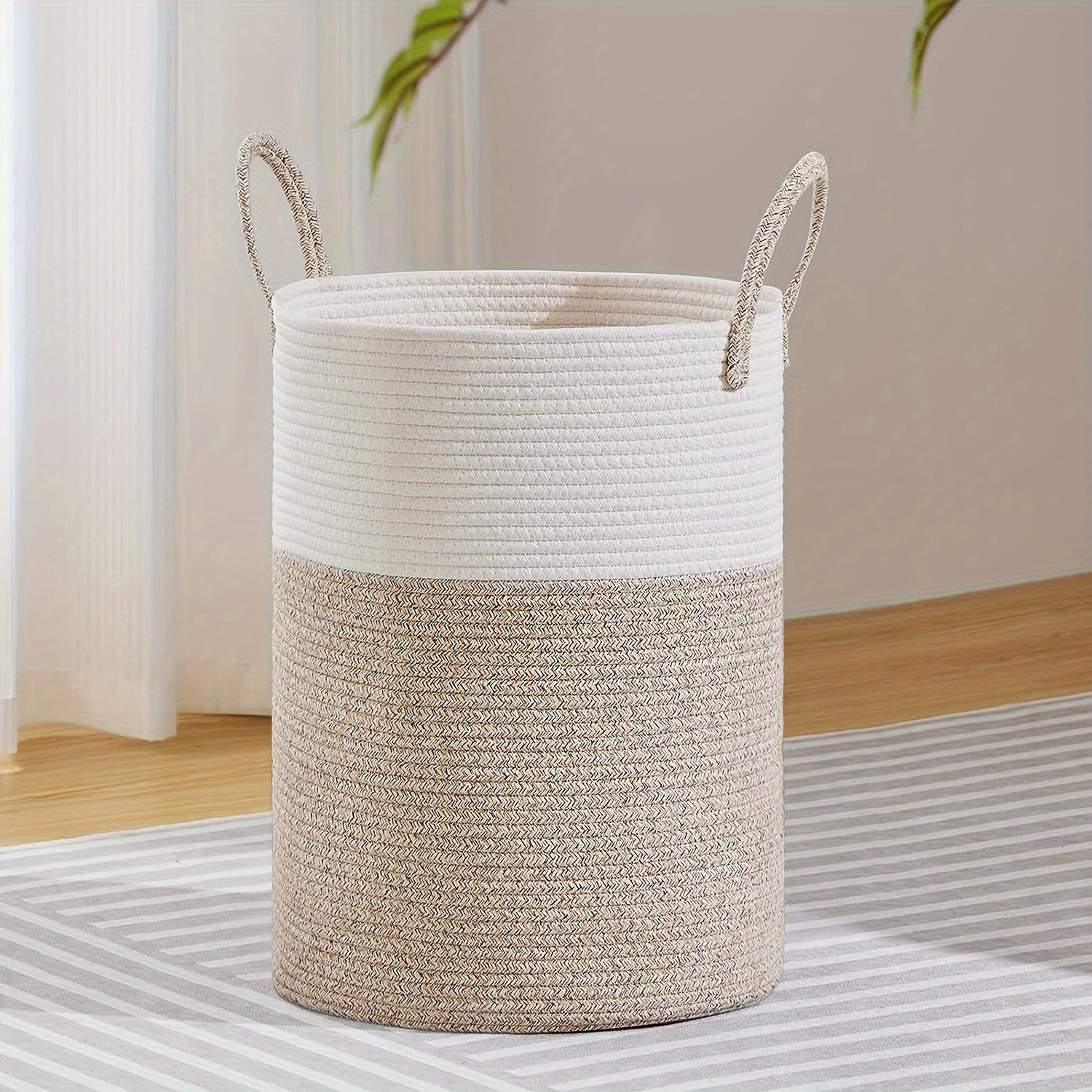 

1 panier à linge de style japonais nordique tissé en corde avec couvercle - Panier de rangement en tissu de couleur mélangée pour les vêtements et les jouets, lavable à