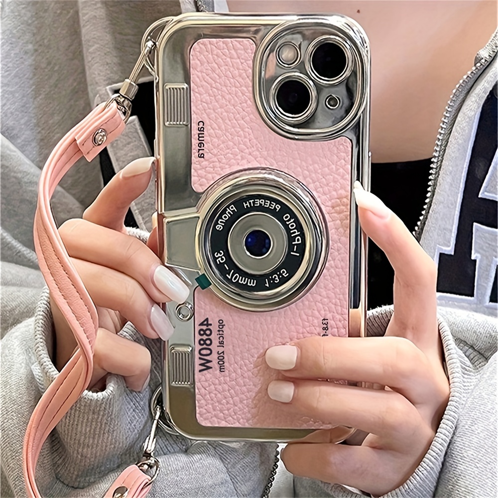 korean 3d luxury camera hand strap couple gift case for iphone 12 14 pro max 11 13 pro max artificial leather pattern protective cover 1