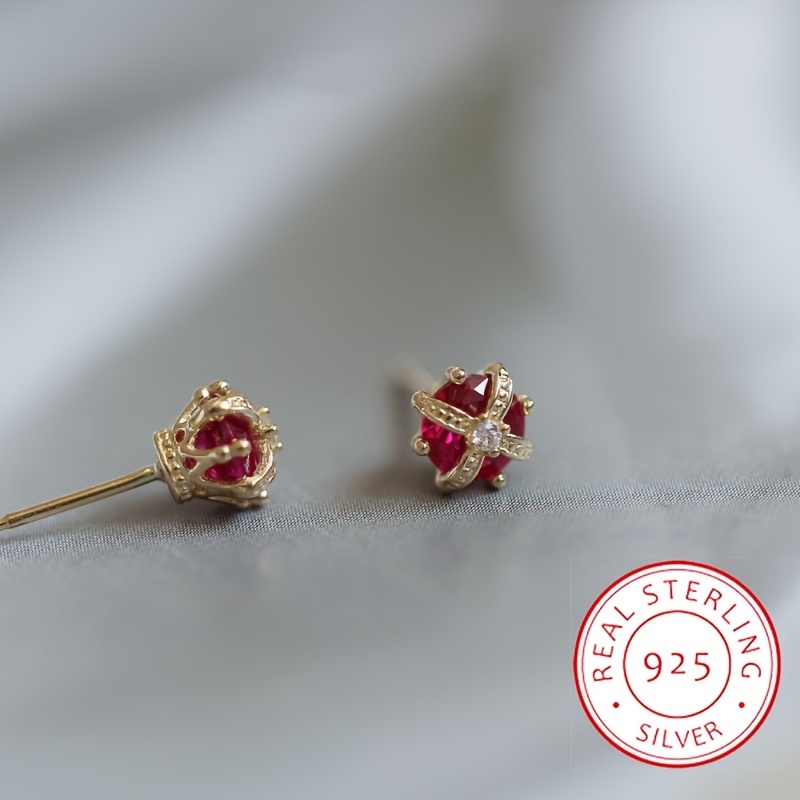 

Sterling 925 Silver Hypoallergenic Stud Earrings Exquisite Crown Design Red Zircon Decor Elegant Simple Style Trendy Female Gift