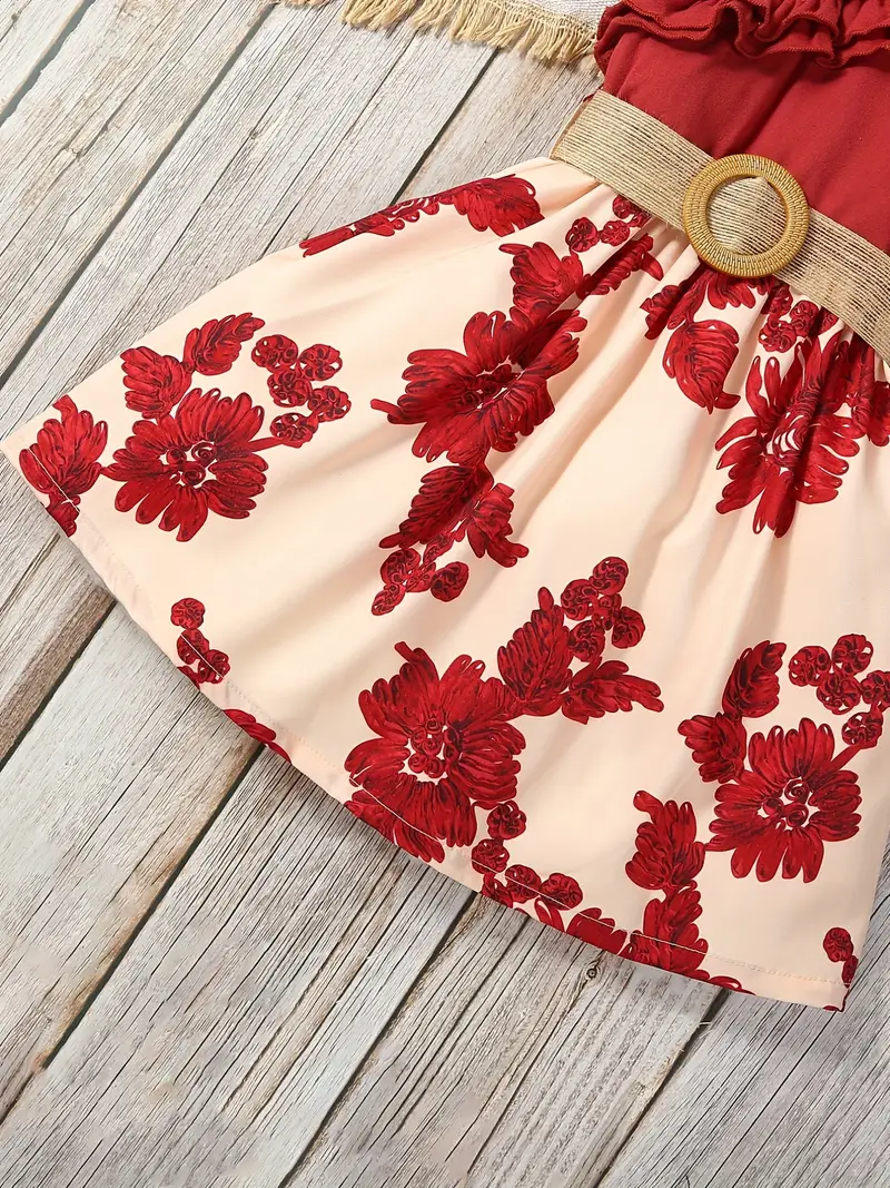 toddler girls asymmetrical neck ruffle trim one shoulder sunflower graphic belted princess dress for party beach vacation kids summer clothes details 20