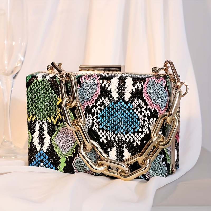 Colorful Snake Skin Pattern Square Box Bag, Elegant Niche Design Satchel Bag  With Acrylic Strap - Temu Belgium