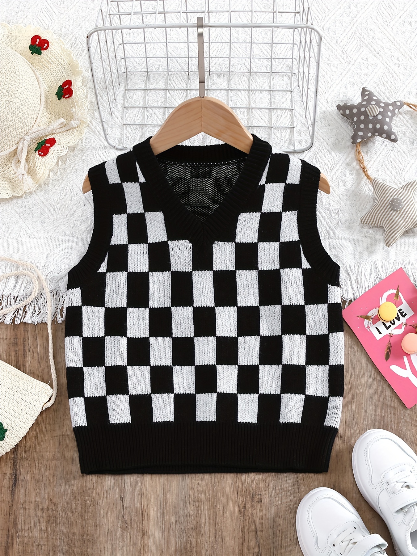 Cute Girls' Checkered Vest V Neck Sleeveless Top Spring/ - Temu Canada