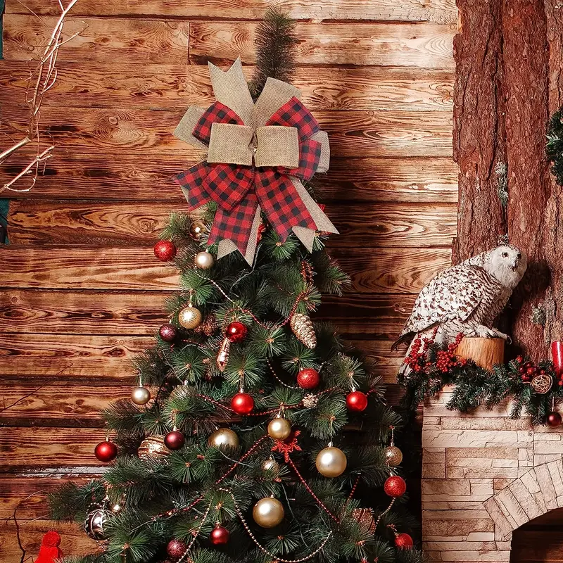 Buffalo Plaid Christmas Tree Topper Decoration - White Black Burlap Bow -  Rustic Farmhouse Xmas Decoration Home Decor (White Black Burlap) 