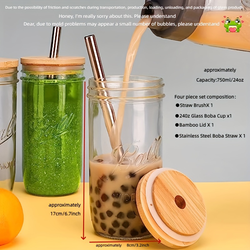 Glass Tumbler With Bamboo Lid And Straw, 32 Oz Iced Coffee Cup With Handle,  Glass Water Bottles With Silicone Sleeve, Two Straw - Boba Straw & Drinkin