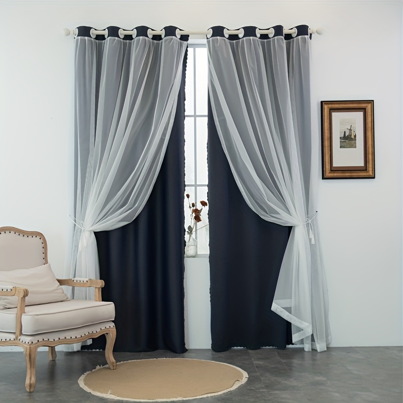 Juego de cortinas opacas de doble cubierta y cortina transparente blanca,  cortina plisada de doble capa, paneles sólidos, cortinas con aislamiento