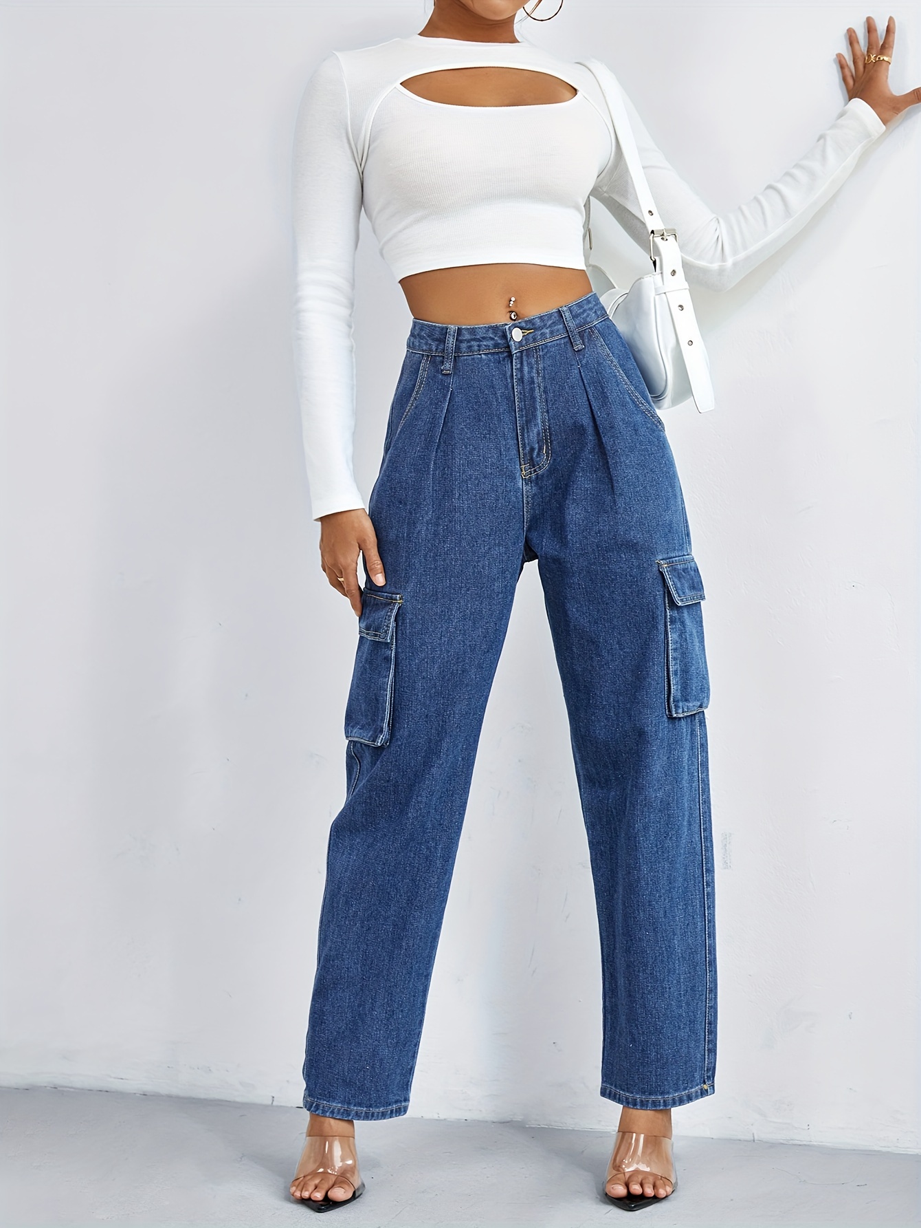 Pantalones De Carga Con Pliegues De Cintura Alta, Jeans De Mezclilla  Sueltos Casuales Con Bolsillo De Solapa, Jeans De Mezclilla Y Ropa Para  Mujeres