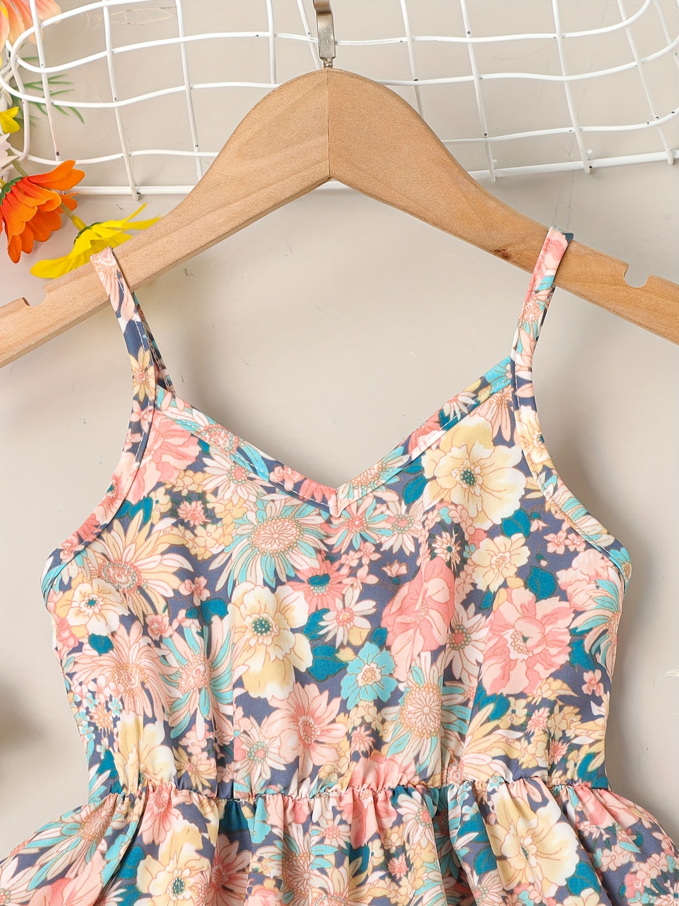 little girls cute sundress floral pattern party beach dress v neck elastic waist camisole dress for summer details 2