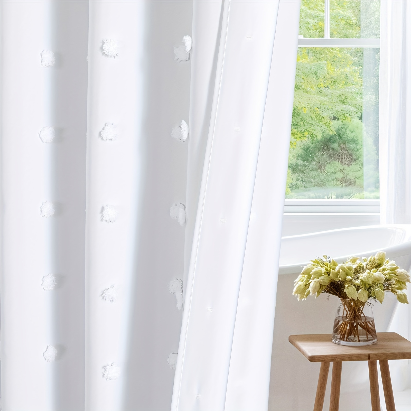 Boho Tufted Pleat Fabric Shower Curtain