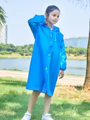 1pc kids eva blue waterproof reusable hooded raincoat for outdoor boys and girls suitable for 6 10 years old details 2
