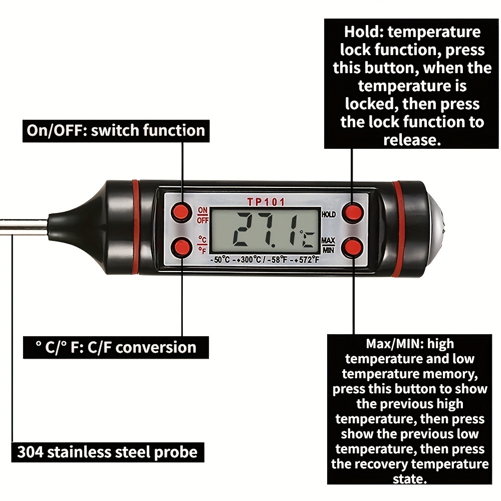 1pc Foldable Waterproof Digital Food Thermometer With Probe, Used In Cooking  Food, Candy, Barbecue Grill, Liquid And Beef