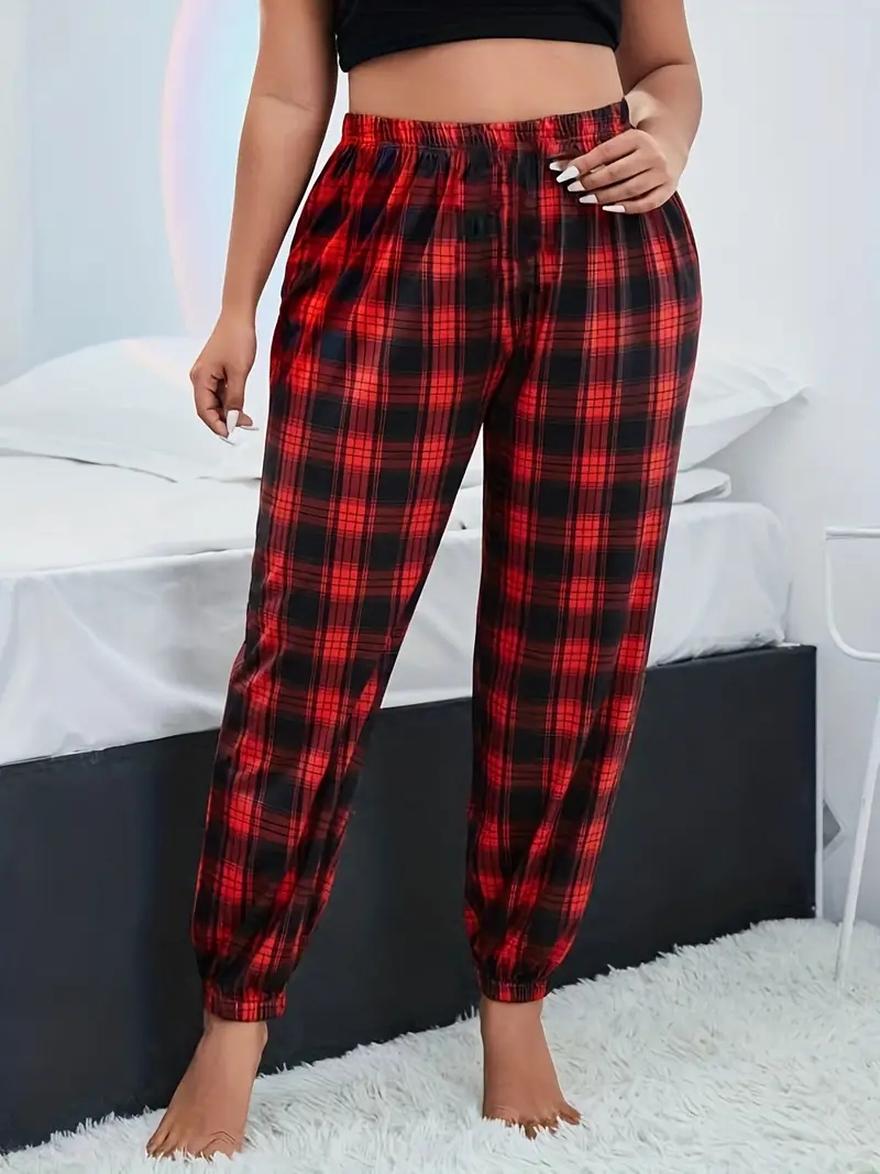Plus Size Casual Pajama Pants Women's Plus Plaid Print High - Temu Canada