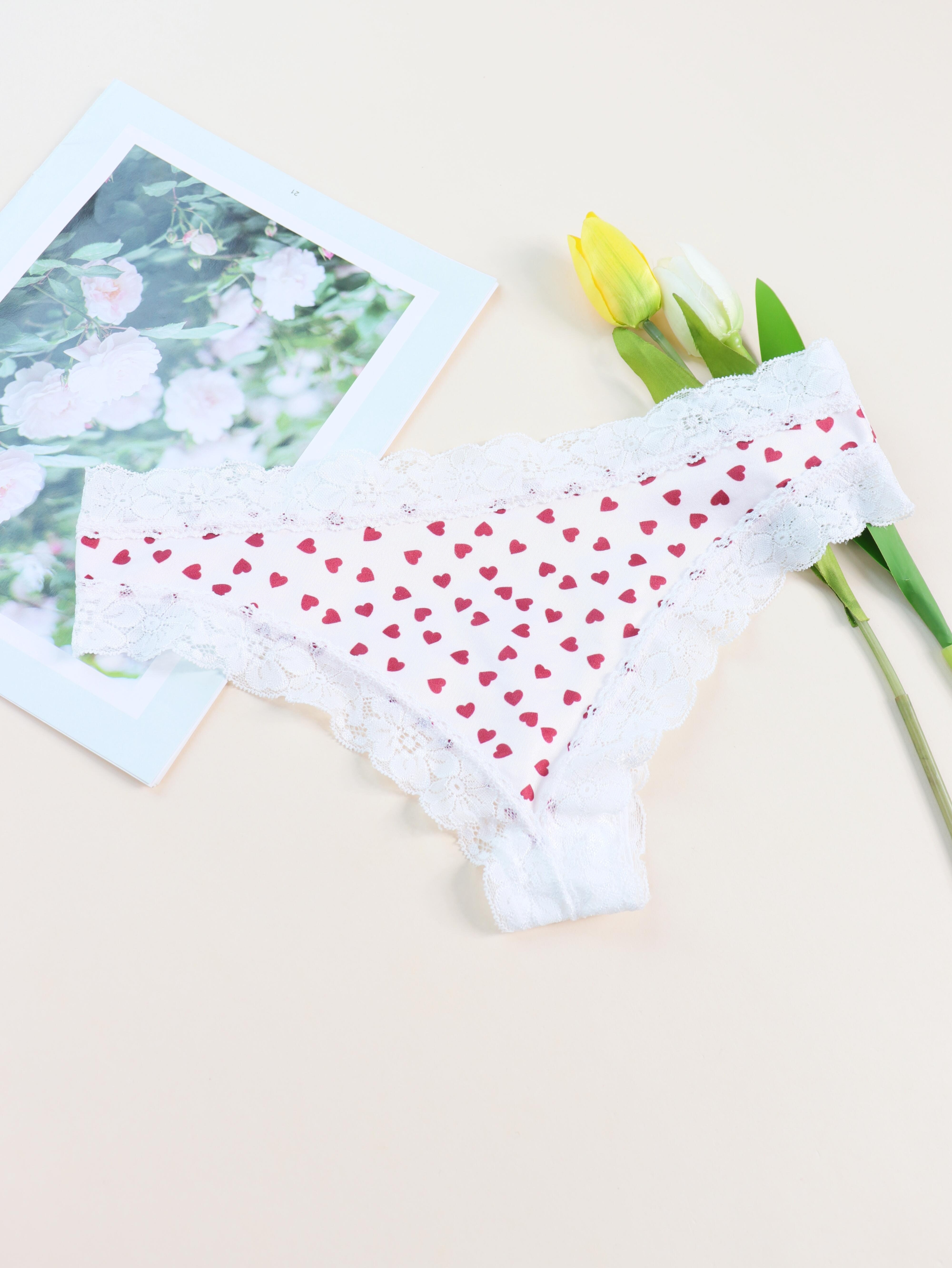 Heart Print Hipster Panties Cute Contrast Lace Low Waist - Temu United Arab  Emirates