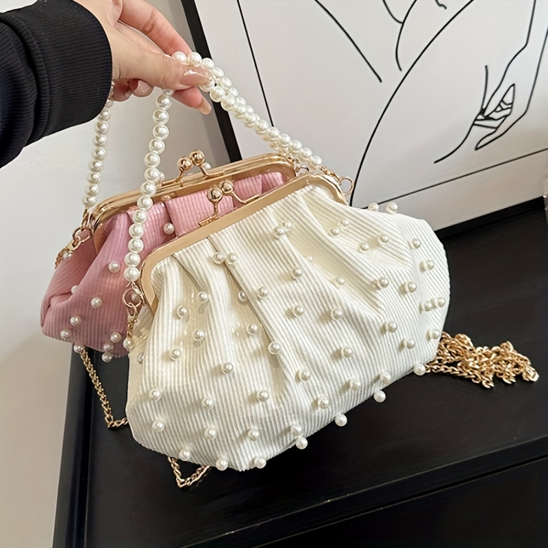 Faux Pearl Decor Quilted Kiss Lock Crossbody Bag