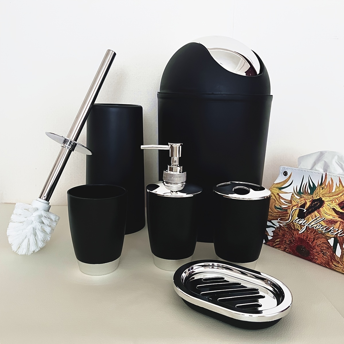 Black Bathroom Set , Black Bathroom Accessories Set, Toothbrush Holder,  Bathroom with Trash Can, Soap Dispenser , Toilet Brush