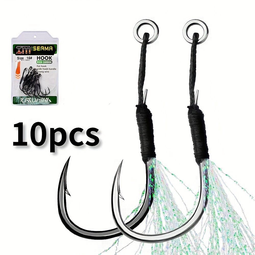10pcs Metal Jig Tail Assist Hooks 11-19# With PE Line Feather Solid Ring  Jigging Fishhook For 5-80g Lure Fishing Hooks