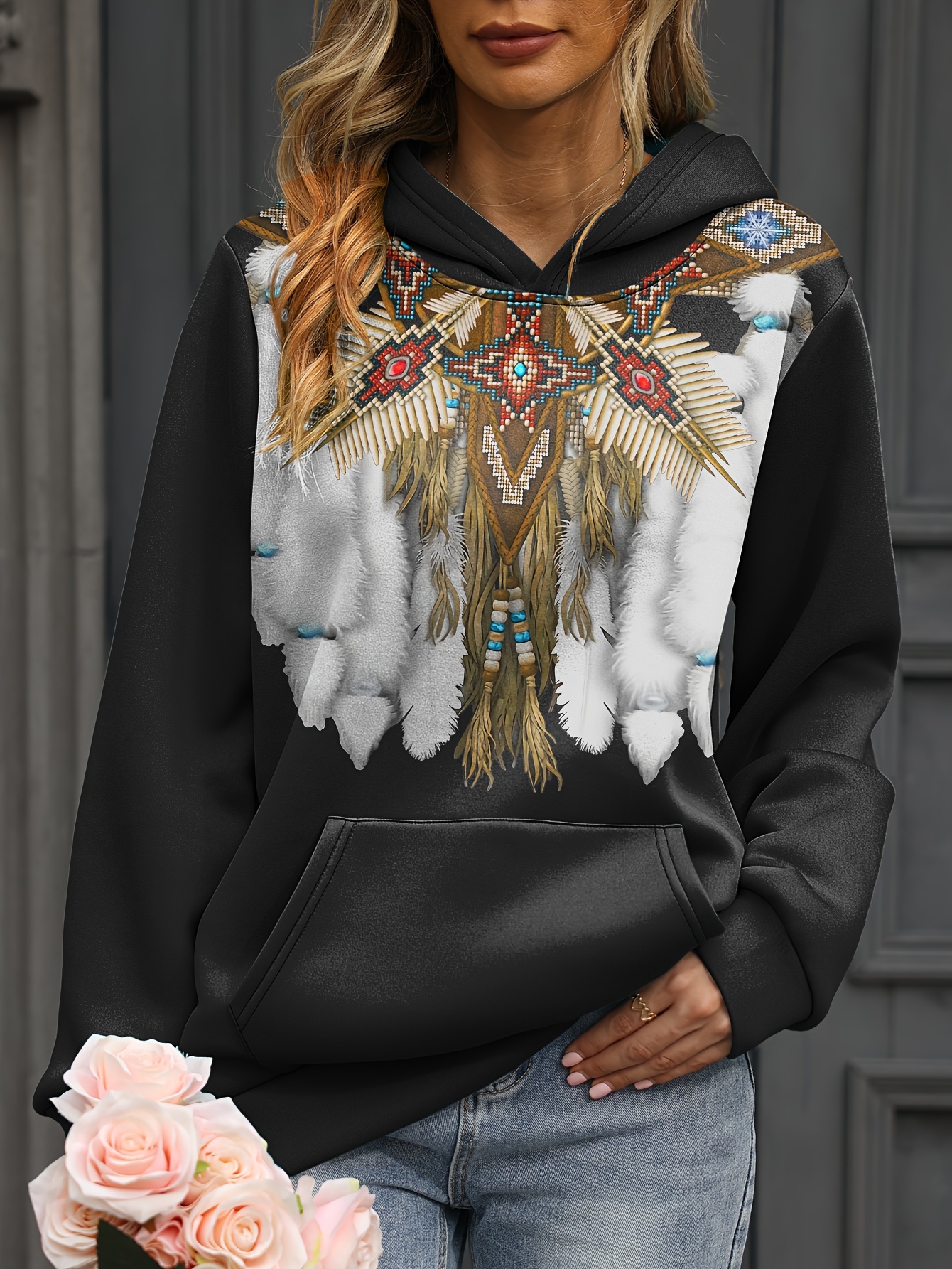 plus size casual sweatshirt womens plus tribal print long sleeve hooded slight stretch sweatshirt with kangaroo pockets details 3