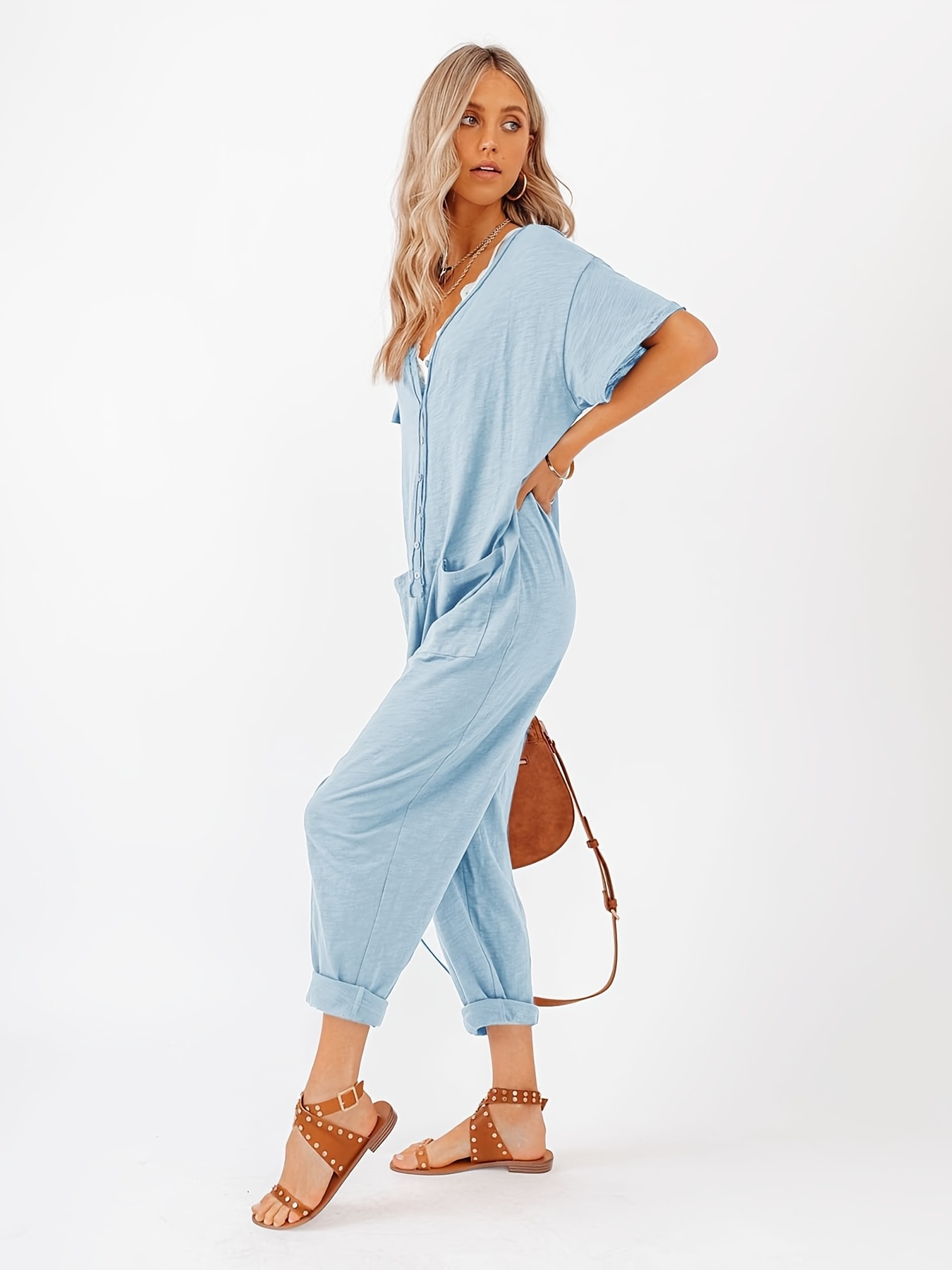 Posijego Womens Button Up Long Sleeve Jumpsuit Oversized Loose Tie Waist  Belt with Pockets Casual Office 