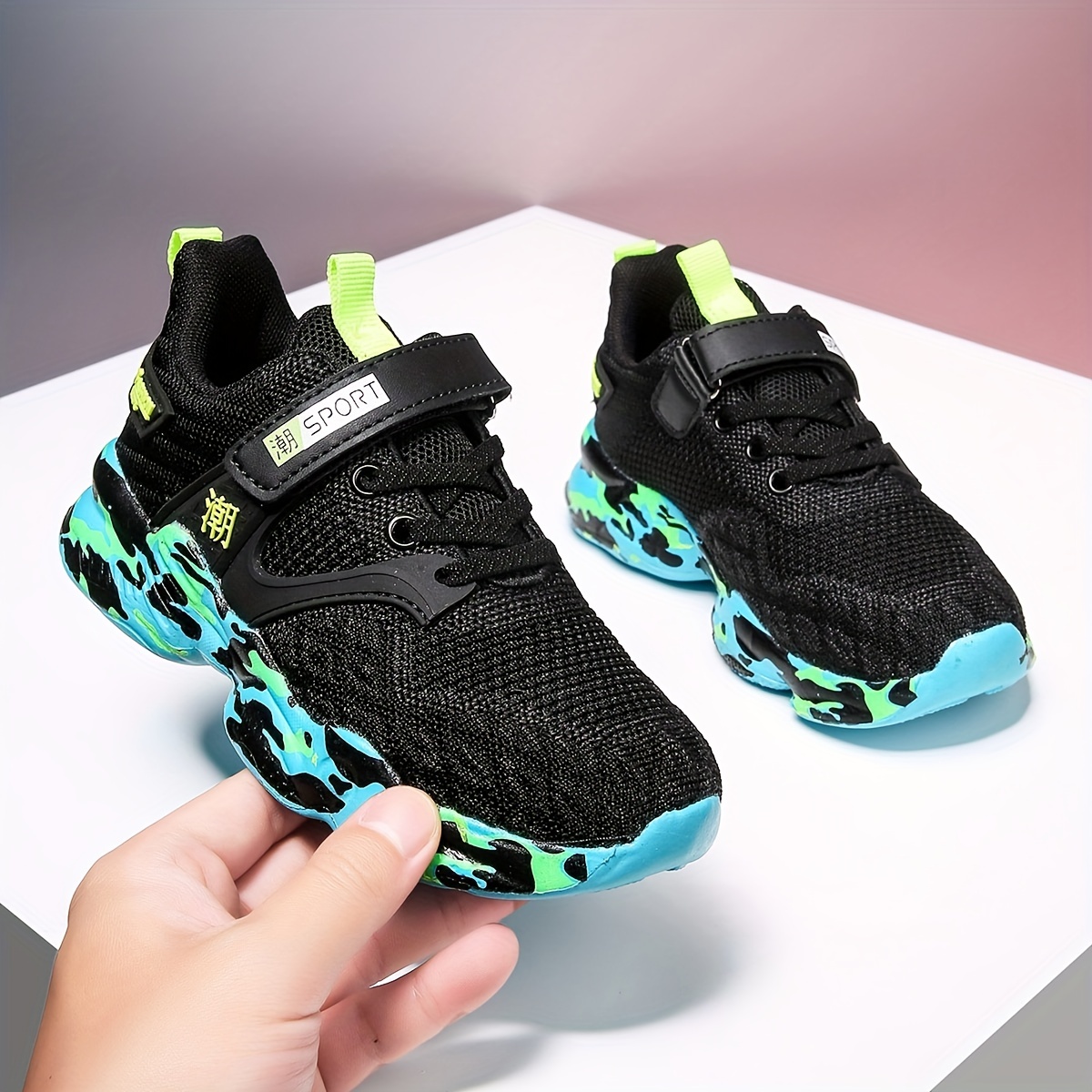 Hook And * Fastener Color Block Mesh Chunky Shoes, Trendy Comfy Breathable  Sneakers For Boys For Running