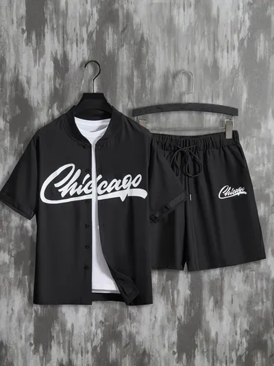 Chicago Print 2pcs Mens Short Sleeve Baseball Jersey Shirt And Drawstring  Shorts Set For Summer - Men's Clothing - Temu France