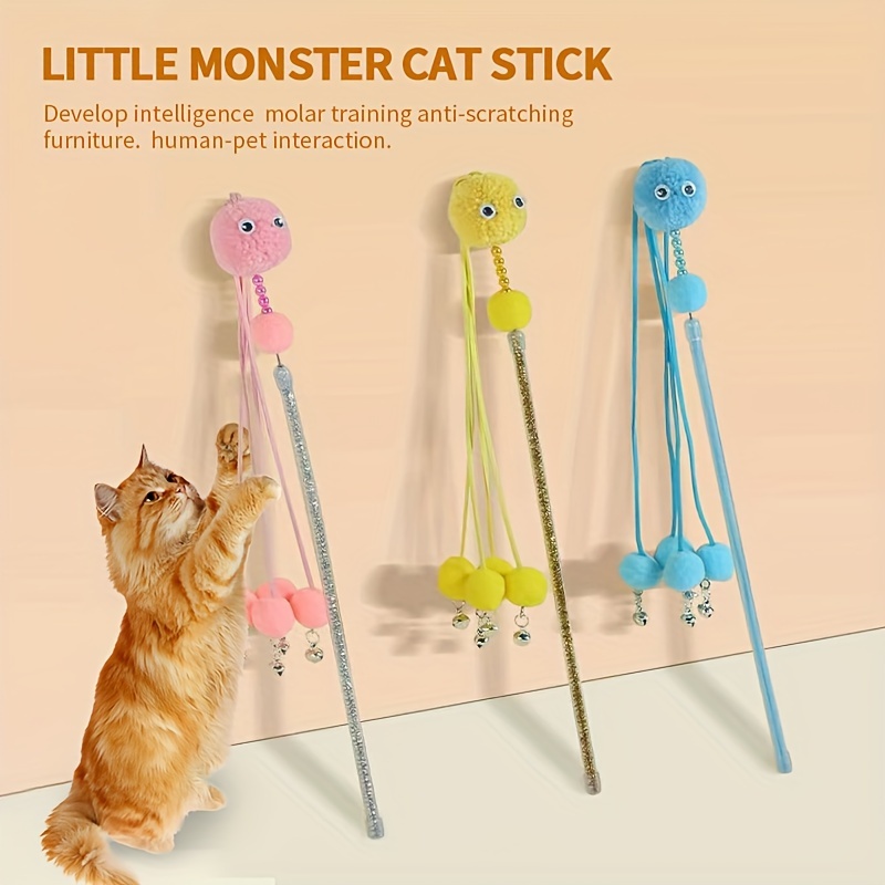 

Interactive Cat Toy With Monster Pompom Ball And Bell Kitten Teasing Stick Toy For Entertainment And Exercise
