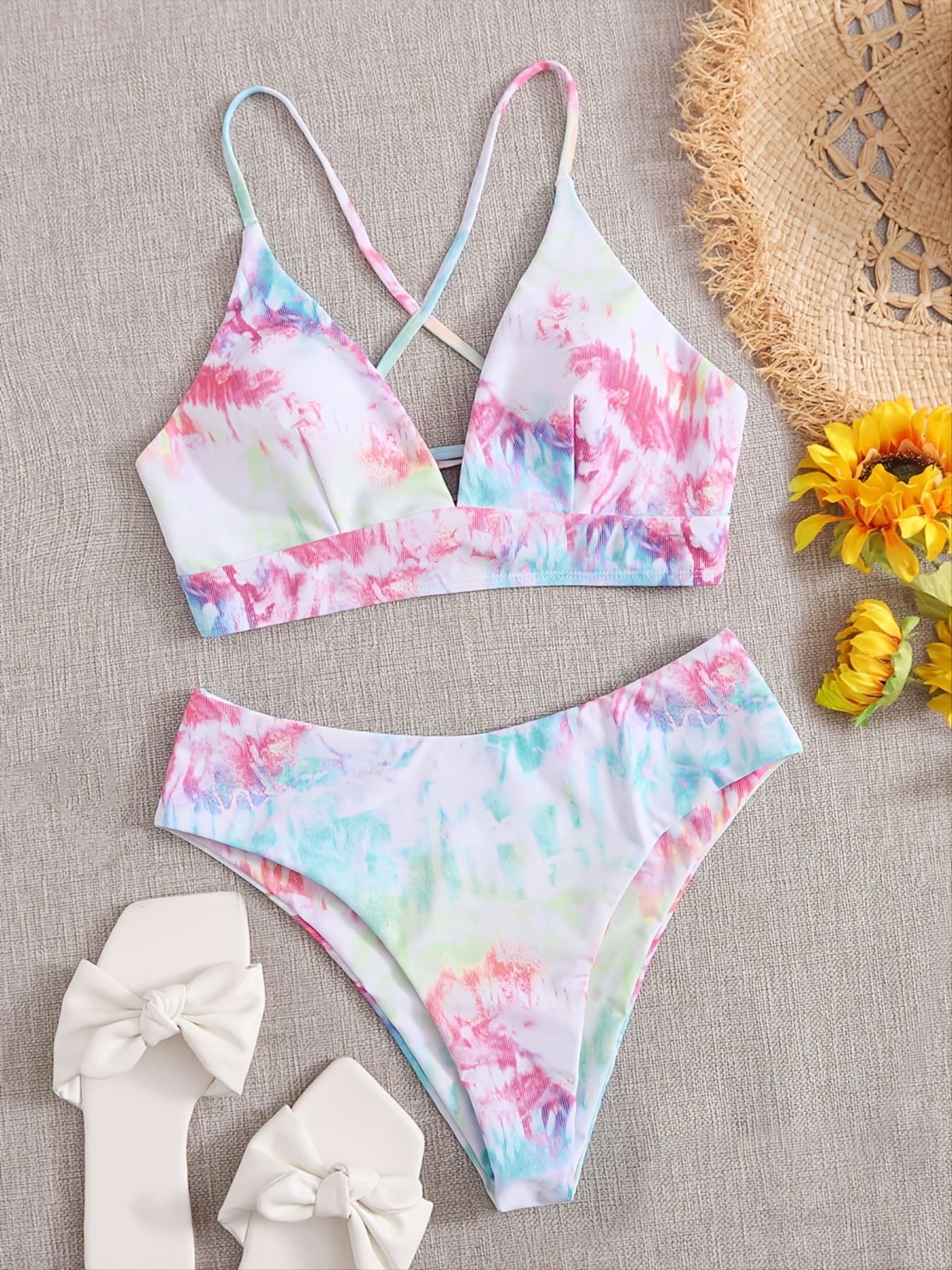 tie dye lace up back bikini swimsuit