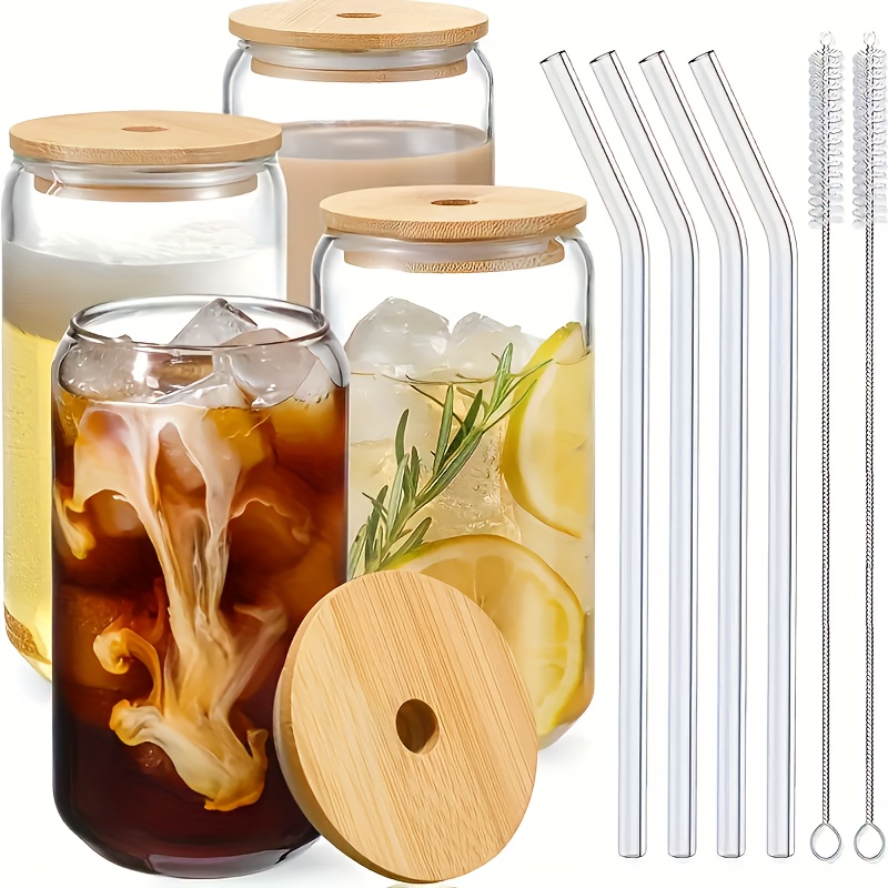 Iced Coffee Glass Cup with Bamboo Lid and Straw, 550ML/470ML Beer Can Glass  with Lids and Straw, Camping Cup, Can Shaped Glass Soda Can Cup