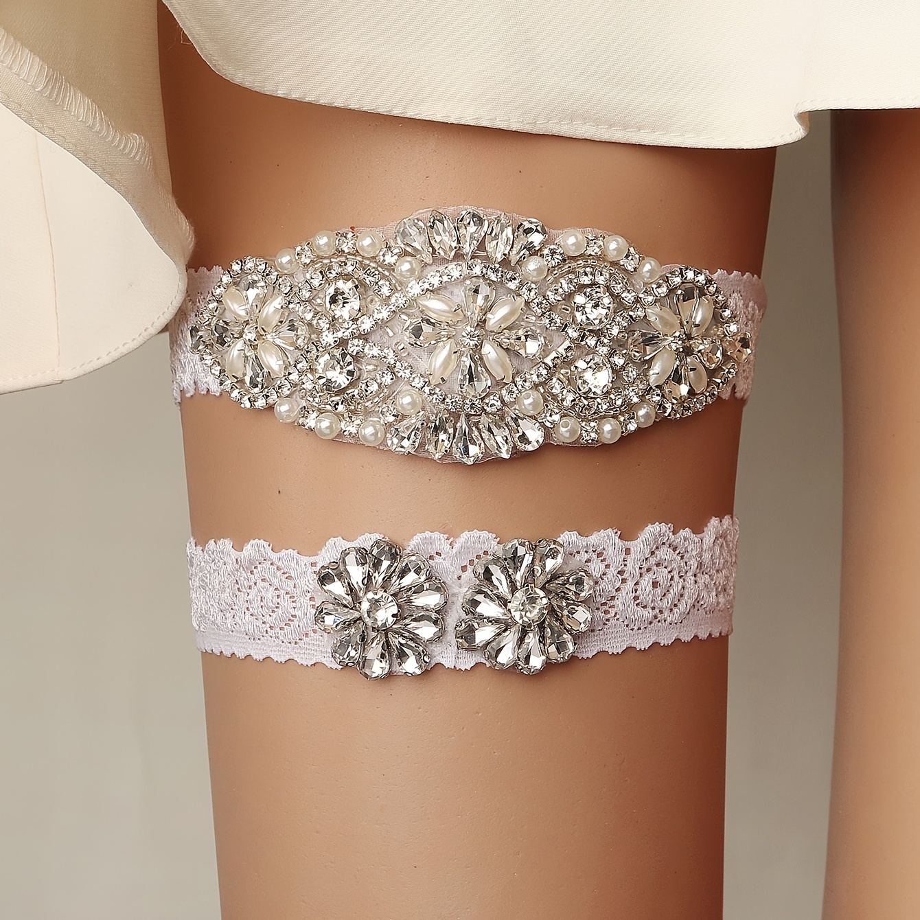 Ligueros de boda para novia elástico nupcial pierna liga de encaje blanco  con diamantes de imitación, Blanco