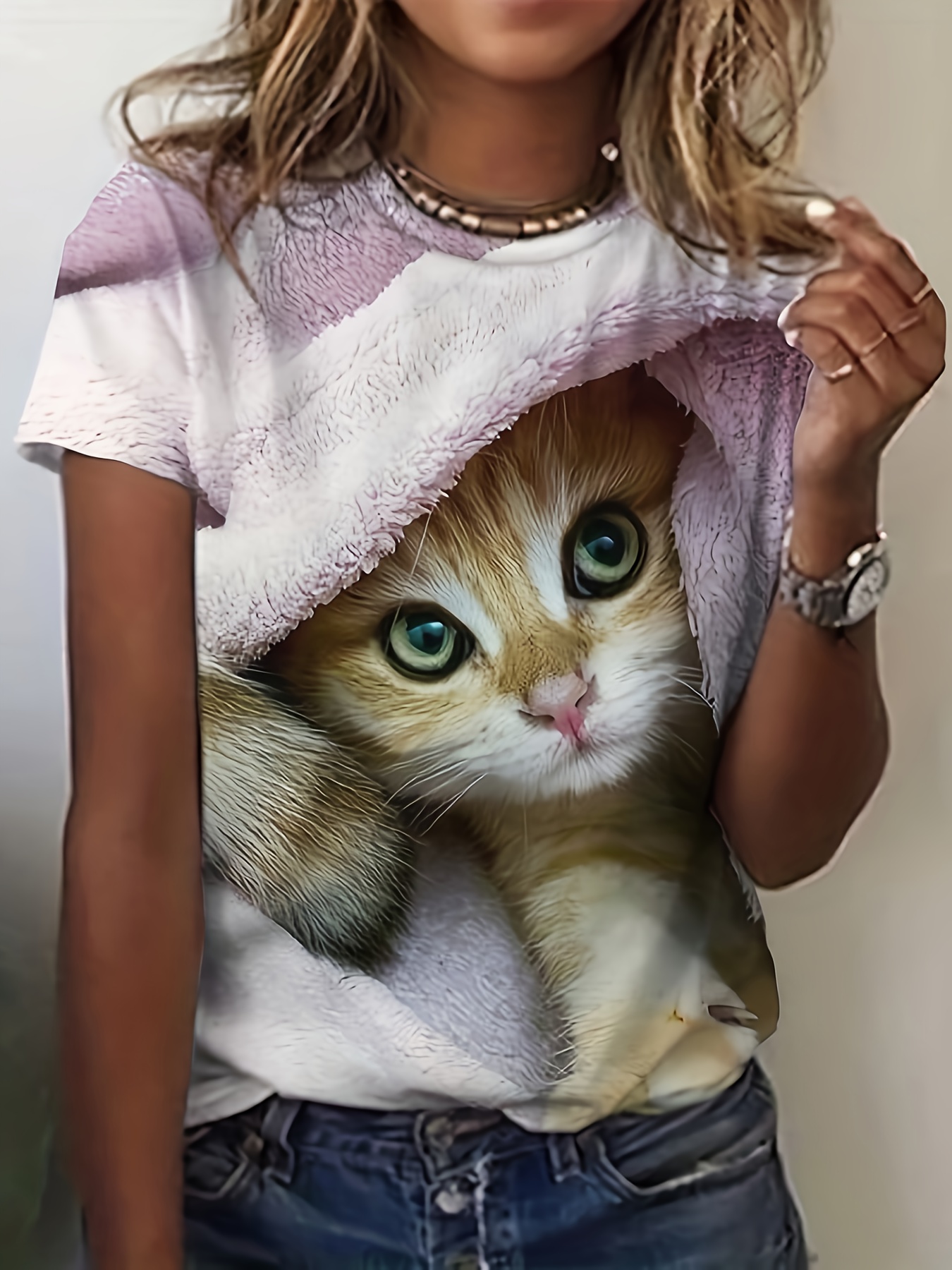 Cute Cat Print Tee Casual Short Sleeve Crew Neck T Temu