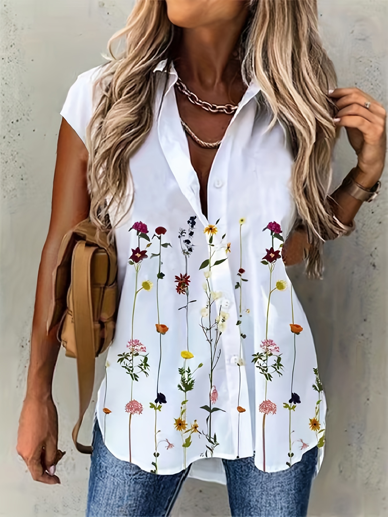 Plus Size Casual Blouse Women's Plus Floral Print Short - Temu