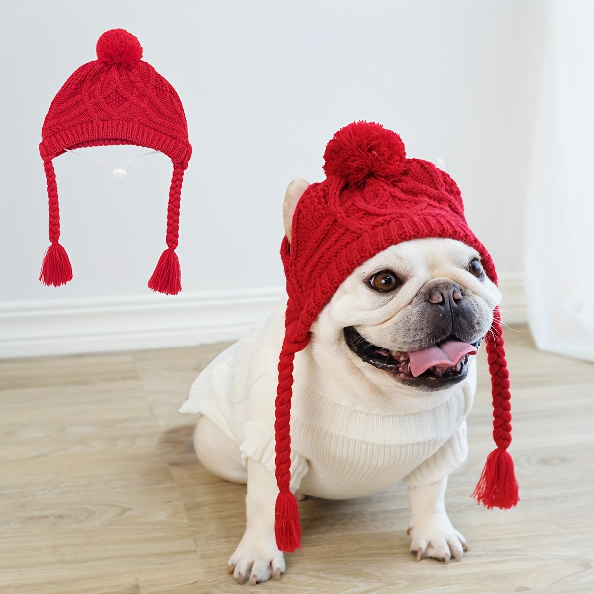 Warm Pet Dog Knitted Hat Soft Winter Warm Dog Hats Windproof Knitting  French Bulldog Hat Chihuahua Knit Snood Headwear Fluffy Ball Pet Hat(M)