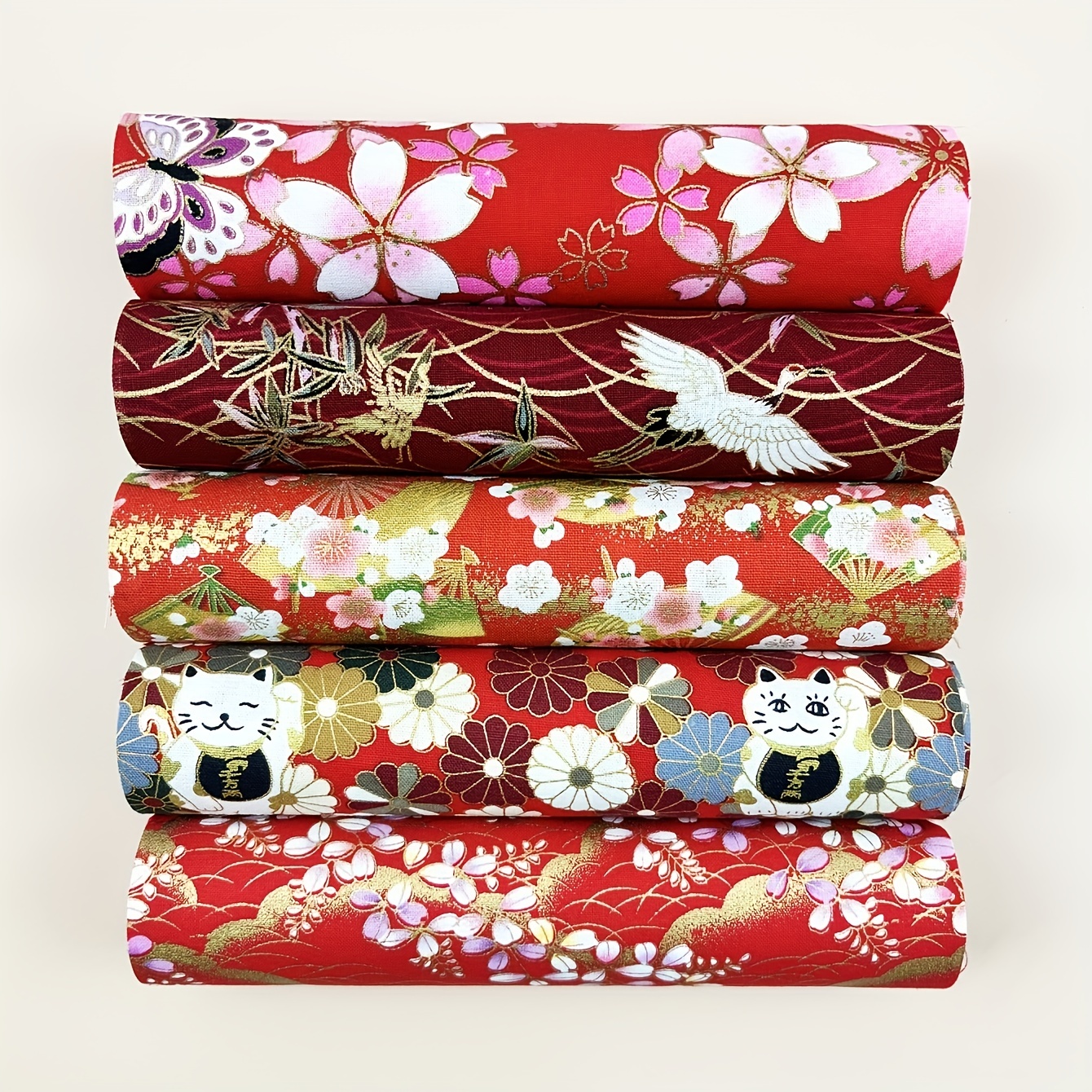 5pcs Red Cotton Printed Quarter Quilted Fabric Bundle for DIY Sewing