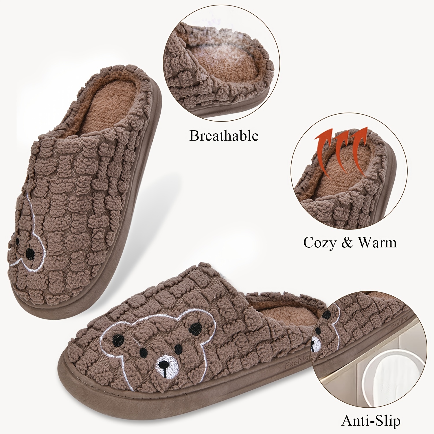 Plush Teddy Bear House Slippers Brown Women Home Indoor Soft Slippers Women  W