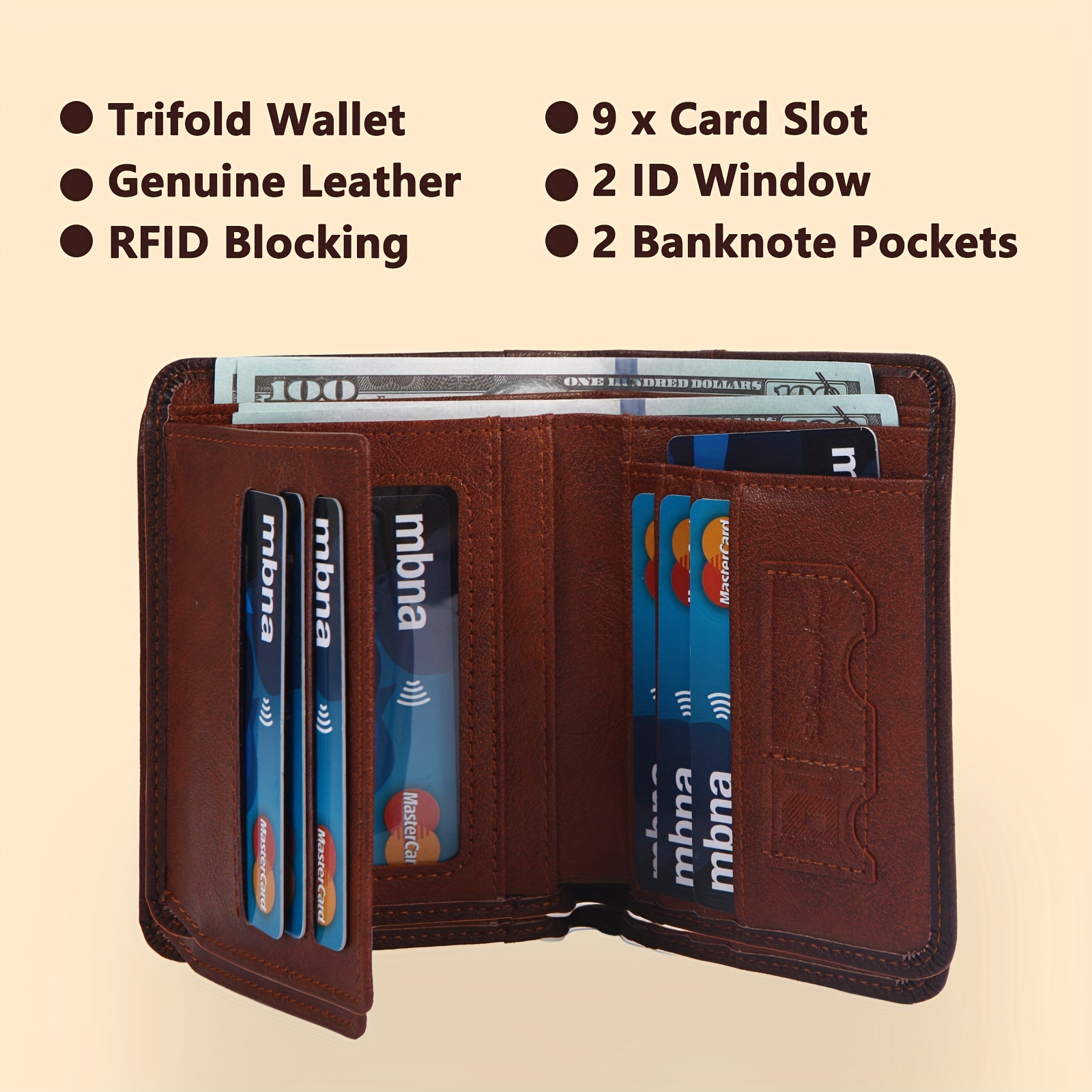 1pc mens genuine leather rfid blocking trifold wallets vintage short multi function credit card holder with 2 id windows gifts to men