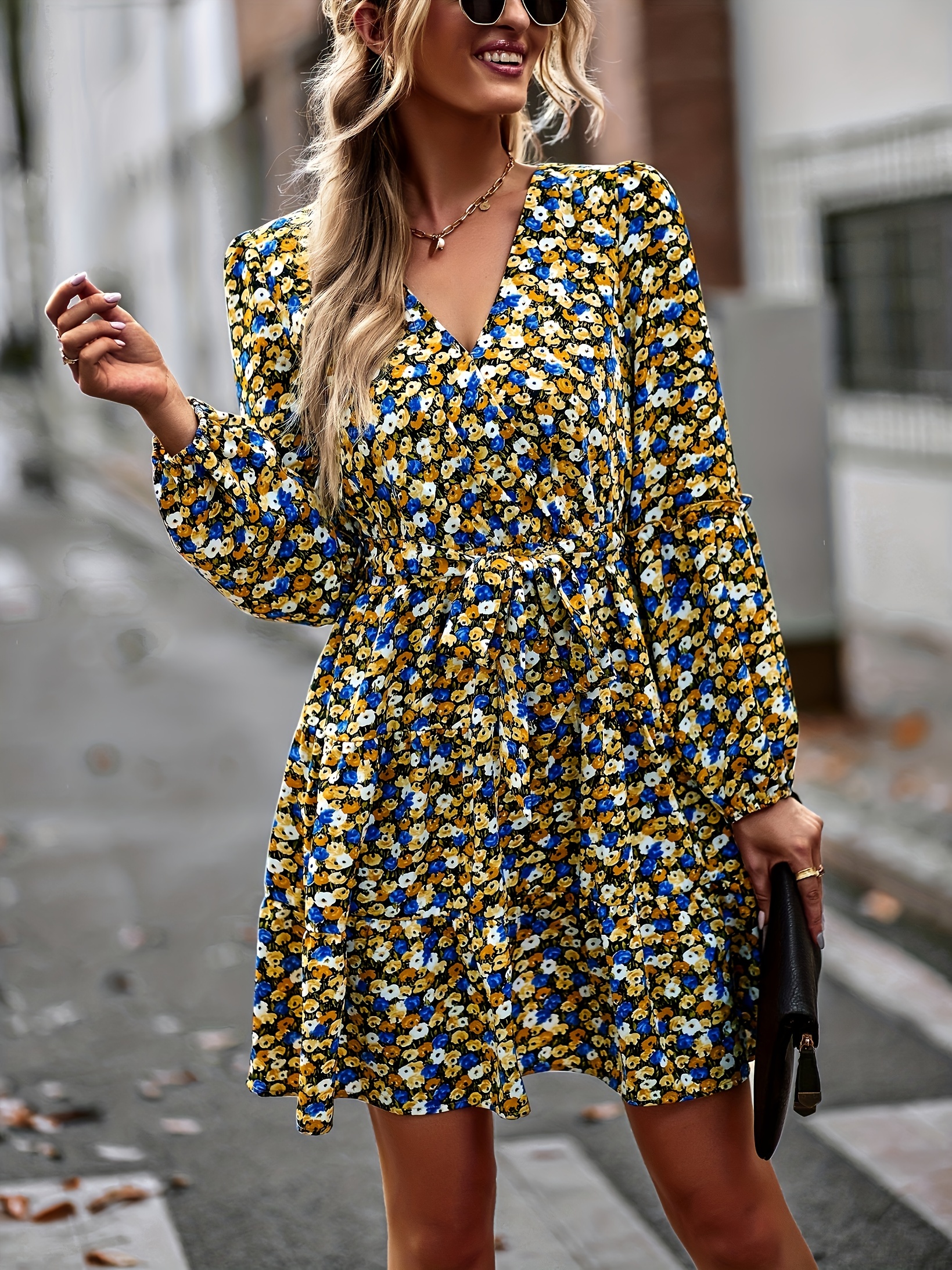 Ditsy Floral Print Dress, Casual V Neck Long Sleeve Midi Dress, Women's  Clothing