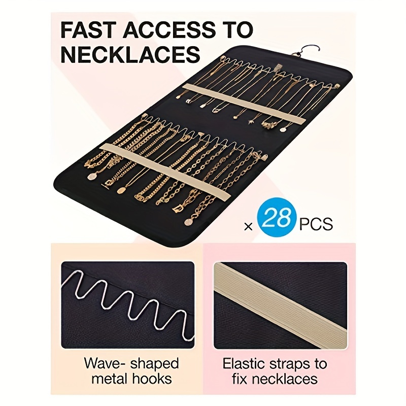 Portable Hanging Jewelry Storage Organizer Roll With Hanger Hooks
