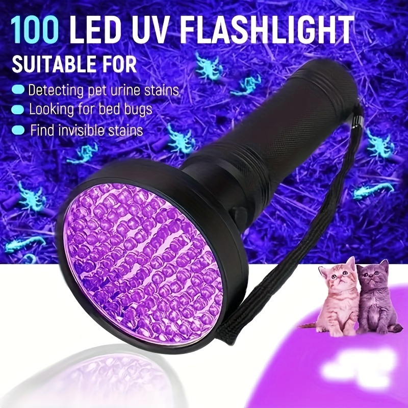 1pc 100 led uv flashlight 395 uv light black light flashlight ultraviolet light detector for invisible pens pet stains aa battery not included Product details 0