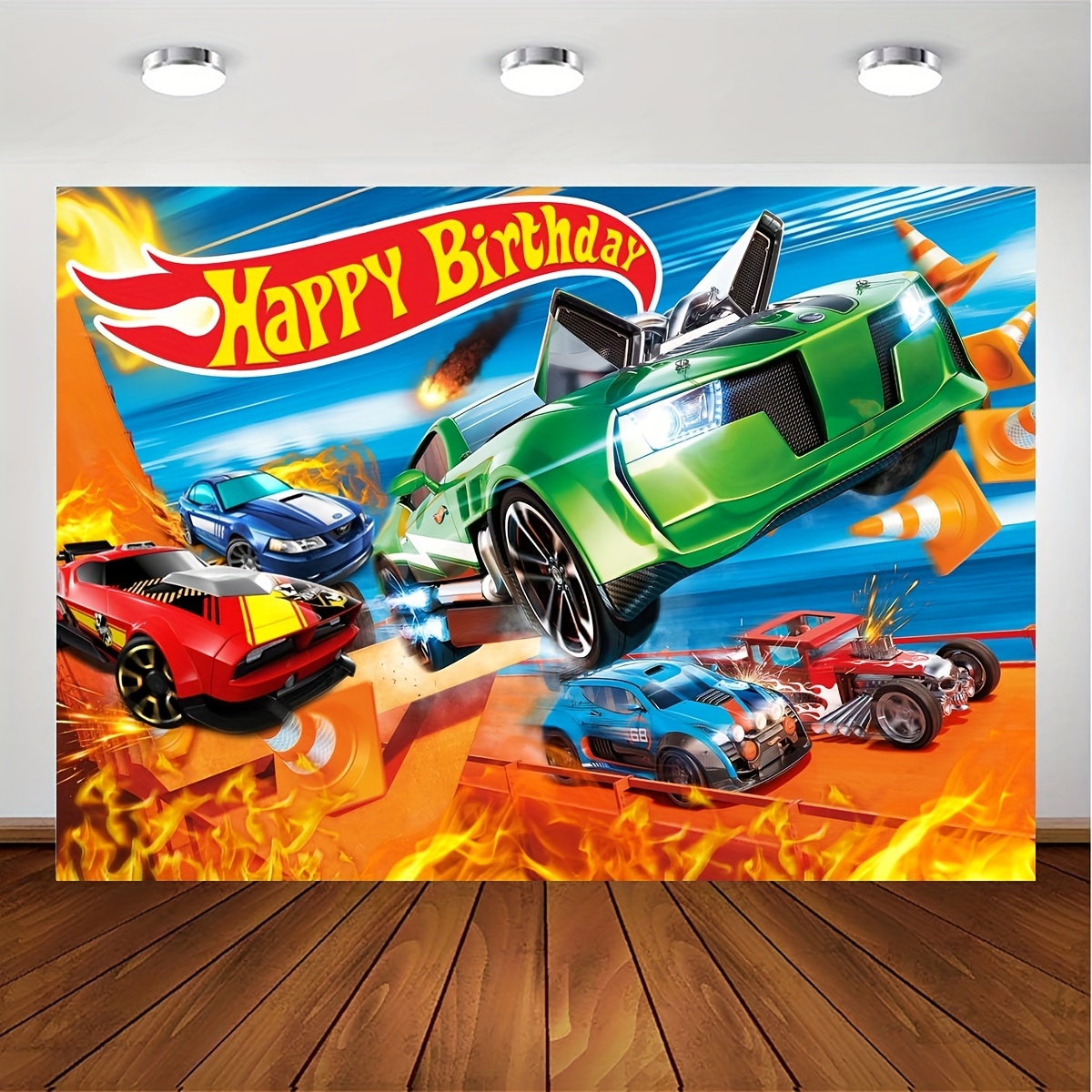 

1pc Happy Birthday Party Backdrop, Hot Car Birthday Party Supplies Cartoon Car Themed Happy Birthday Banner Party Decorations Photography Background, Banner Decorations