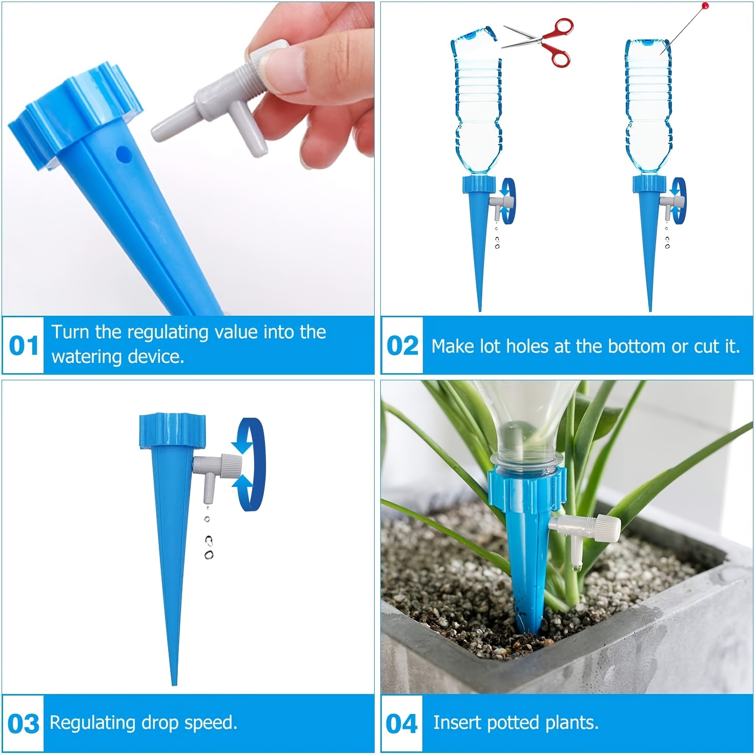 Lot de 12 pics d'arrosage automatique réglables avec interrupteur de valve  de contrôle à libération lente, système d'irrigation goutte à goutte  automatique pour plantes et fleurs d'intérieur et d'extérieur