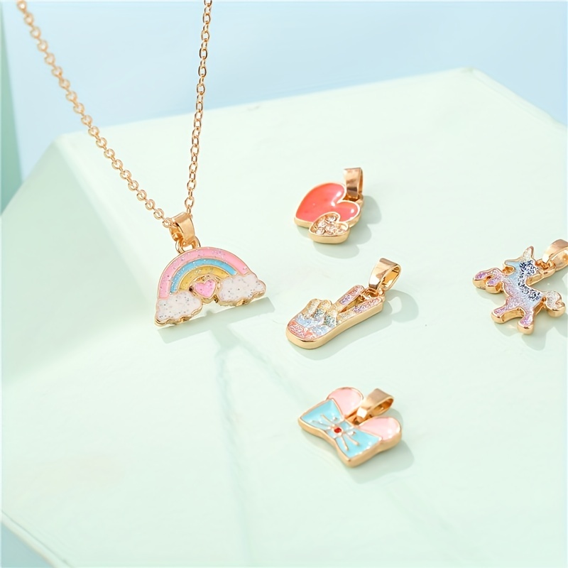 ( with Picture Card ) 5pcs Replaceable Pendant DIY Little Girl Jewelry, Jewels, Cute Unicorn Children's Necklace, Suitable for Daily Wear, Party