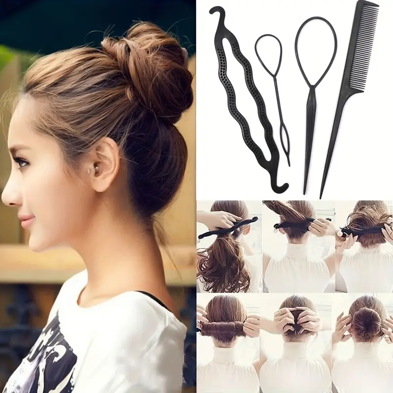 4pc set plastic hair styling design tools hair loop braid kits accessories ponytail maker hair ties clip hairpin diy hair styling for women girls details 4